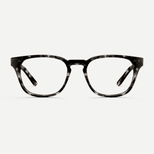 Classic square black and grey tortoiseshell glasses with a keyhole nose bridge detail. Made from sustainable bio-acetate.