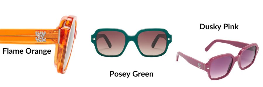 Lucy and Yak x Pala collaboration on 70's square sunglasses made from eco-friendly materials and bright colours.