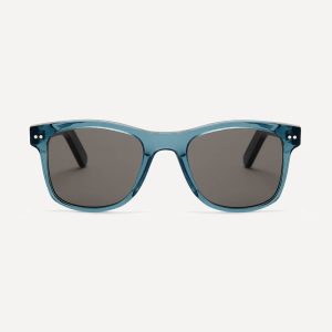 Square wayfarer square sunglasses frame in transparent lake blue bio-acetate and grey polarised lenses.