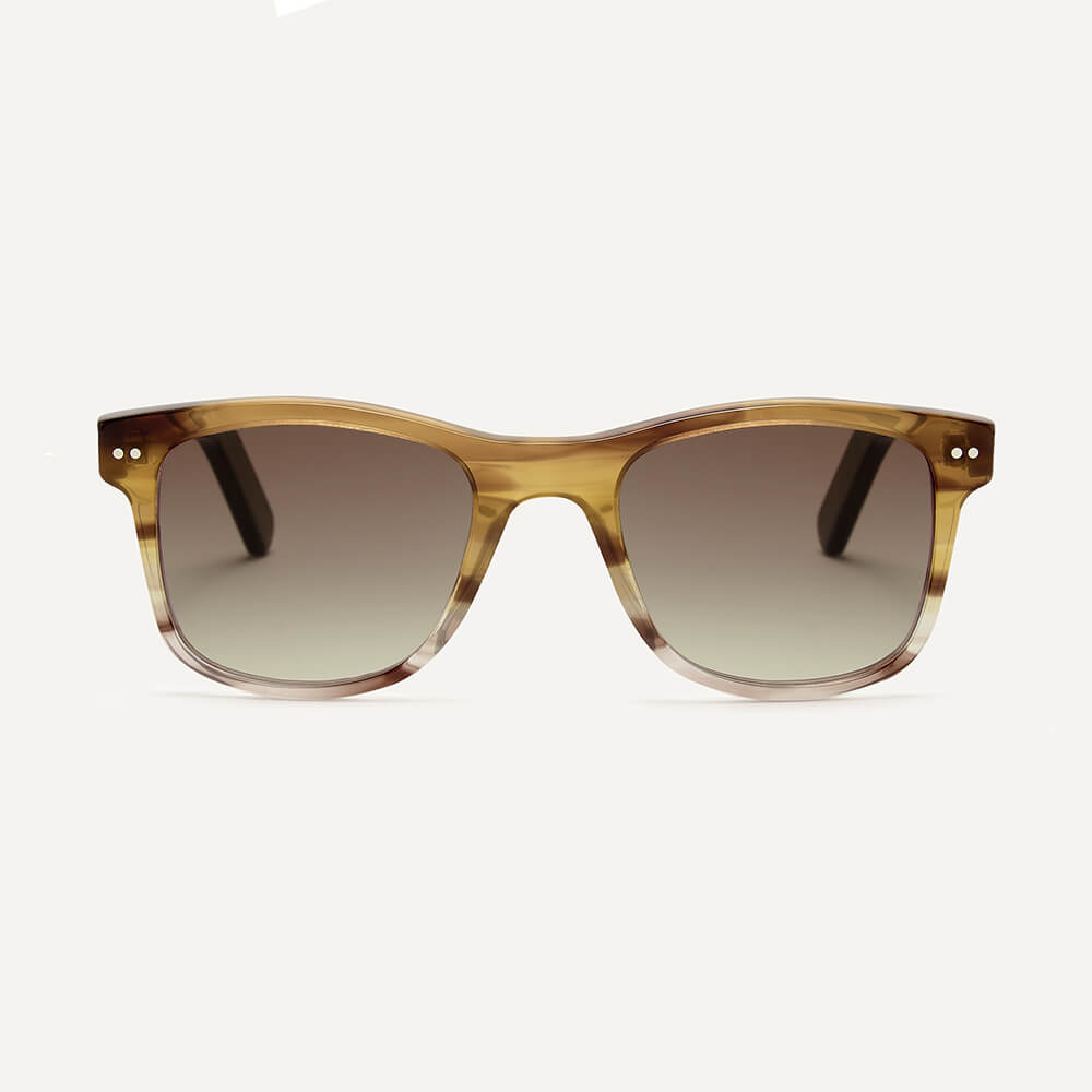 Square wayfarer square sunglasses frame in subtly detailed 'yellow smoke' bio-acetate. A yellow-brown mottled frame.