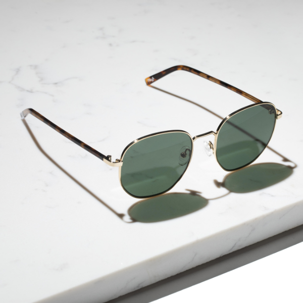 Gold round metal sunglasses with green tinted high quality polarised lenses